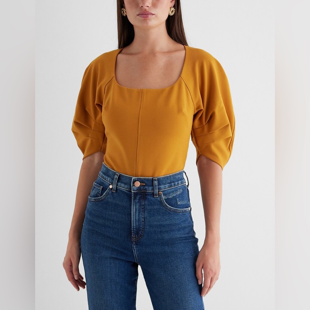 Express Fitted Ponte Square Neck Puff Sleeve Bodysuit in Size Small - Picture 2 of 12
